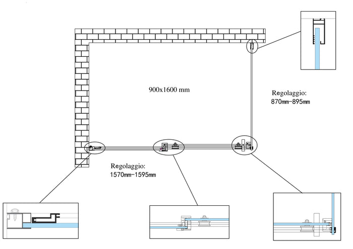Box doccia 8 MM a 2 lati parete fissa laterale + porta scorrevole reversibile altezza 190 cm 90x160 