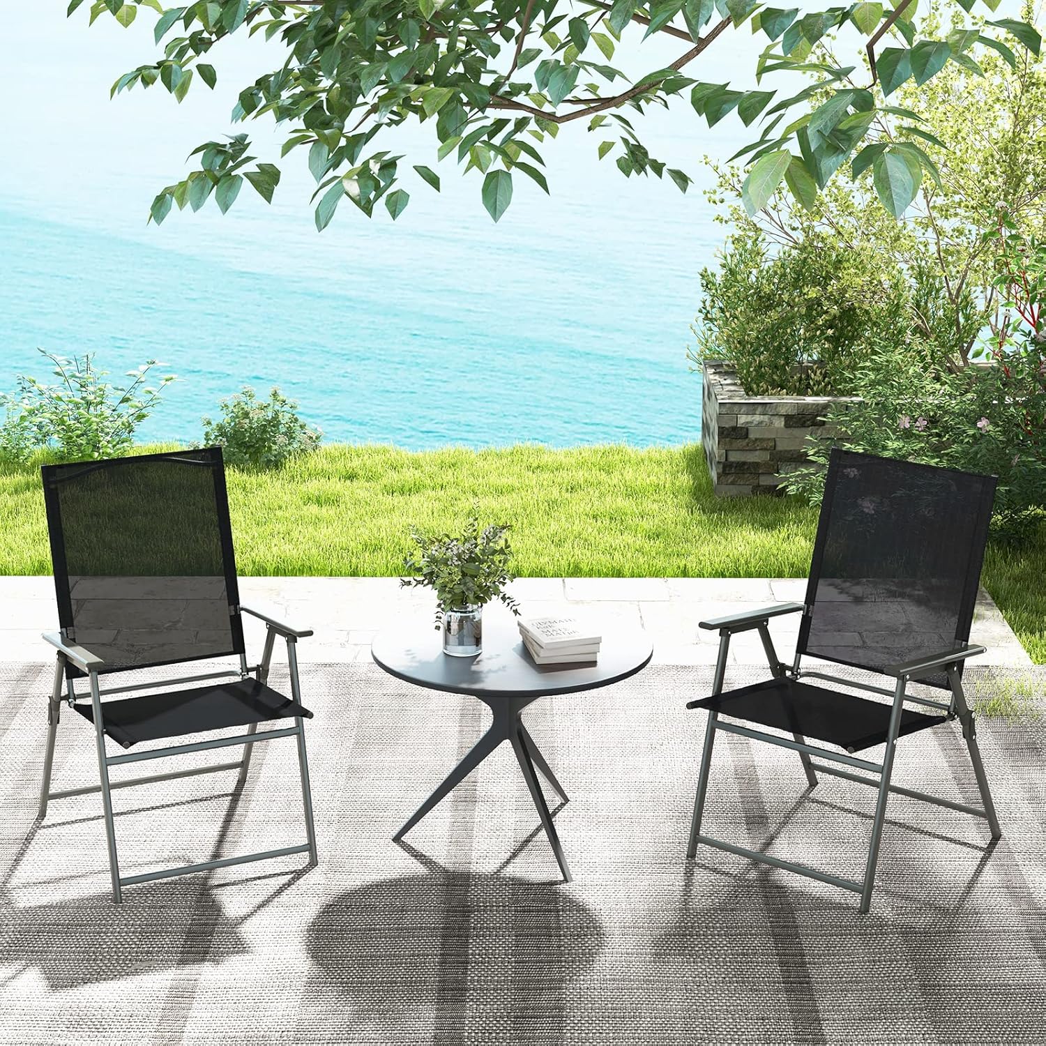 Set di 2/4 Sedie Pieghevoli da Giardino in Textilene, Sedie da Esterno con Schienale Alto, Poltrona Portatile per Giardino Campeggio Patio, Portata 150 kg (2, Nero, 62 x 58 x 96 cm)