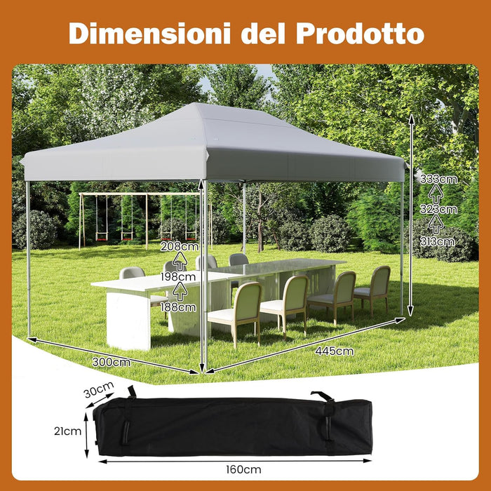 Gazebo Pop-up Pieghevole 3 x 4,5 m, Gazebo da Giardino Impermeabile Altezza Regolabile con Fori di Drenaggio, Tenda da Giardino Antivento con Borsa di Trasporto a Ruote (Grigio)