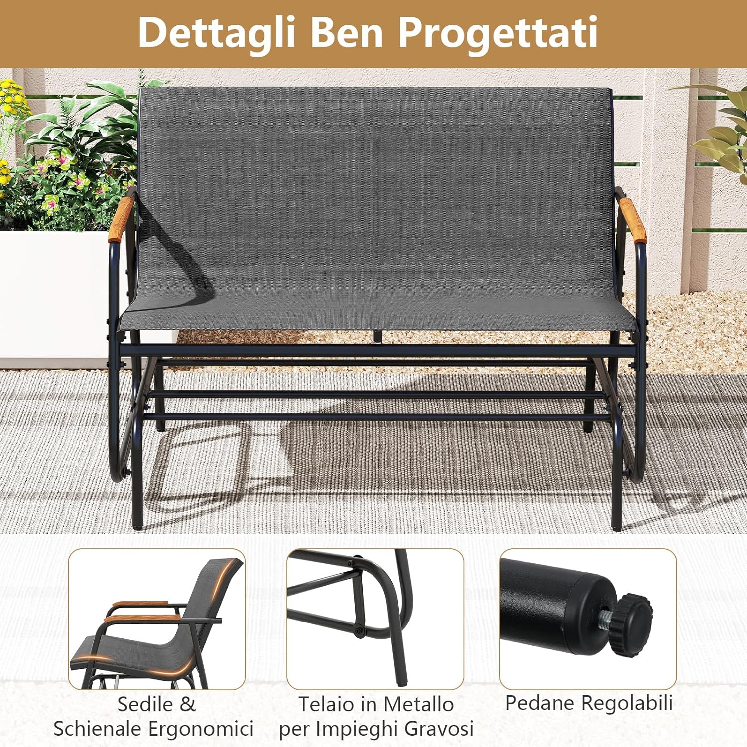 Panca a Dondolo da Esterno, Panchina a 2/3 Posti da Giardino con Movimento Oscillante, Braccioli Curvi in Legno, Sedia a Dondolo per Veranda, Giardino, Portata 300KG/450KG (2 Posti)