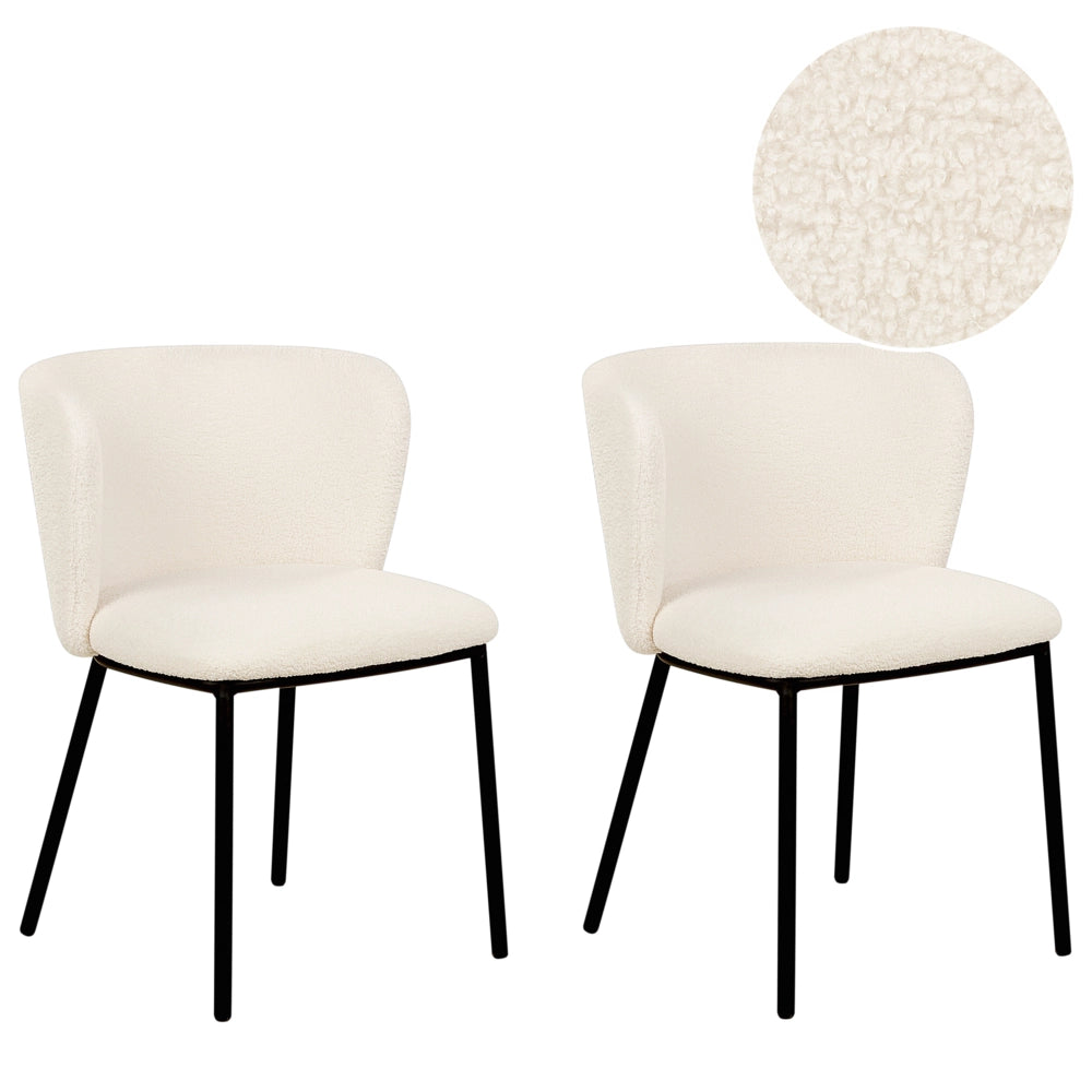 Set di 2 sedie da pranzo in bouclè bianco sporco Rivestimenti in metallo nero Gambe senza braccioli Schienale curvo Design moderno e contemporaneo