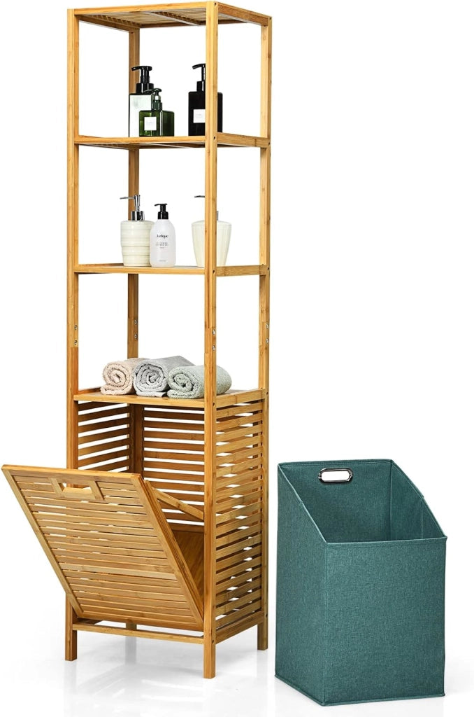 Scaffale Bagno in Bambù, Mobile da Bagno con Cesto Portabiancheria, Scaffalatura da Bagno, 3 Ripiani, Marrone, 40x33x160 cm