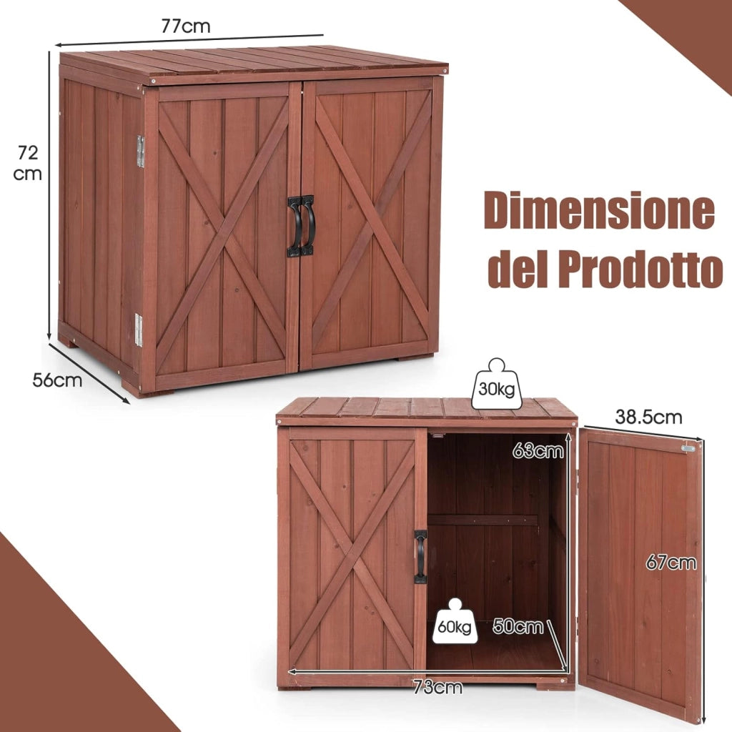 Casetta da Giardino in Legno di Abete, Capanno da Esterno con Doppie Ante Magnetiche e Comode Maniglie, Ideale per Giardino, Giardino, Fattoria e Cortile, 77 x 56 x 72 cm