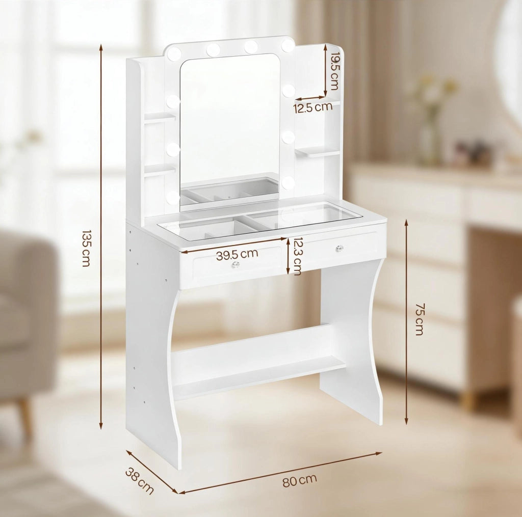 Tavolo da trucco con specchio LED e piano in vetro