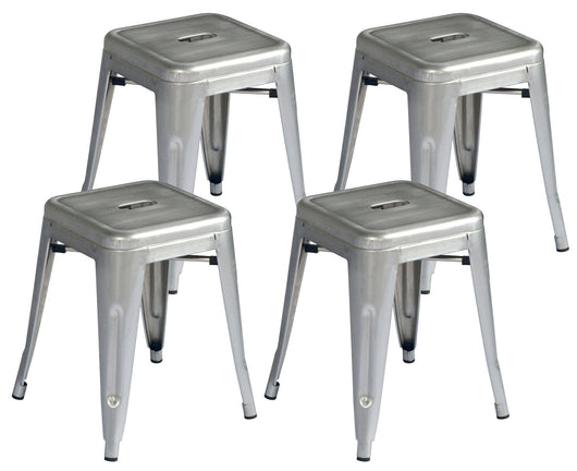 Set 4 Sgabelli Impilabili 39x39x46 cm in Lamiera Galvanizzata Silver