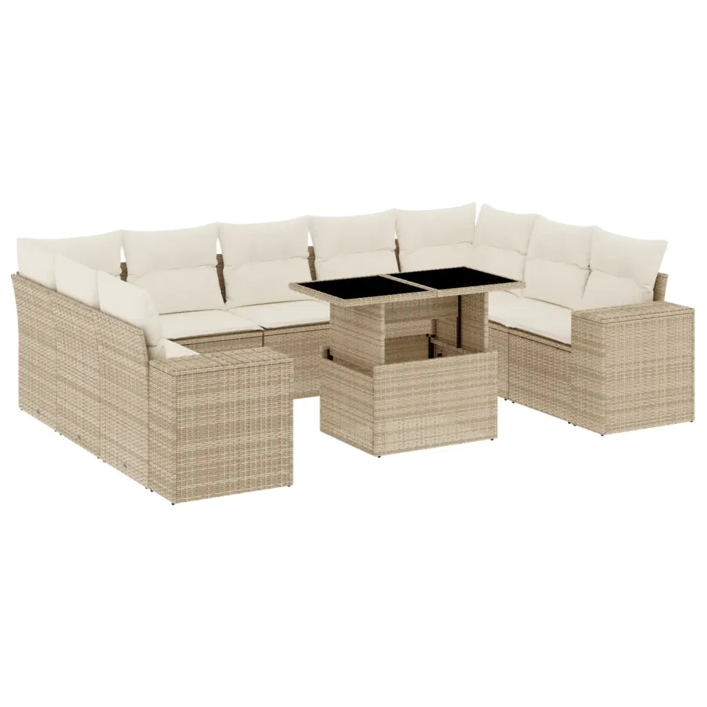 Set Divano da Giardino 10 pz con Cuscini Beige in Polyrattan
