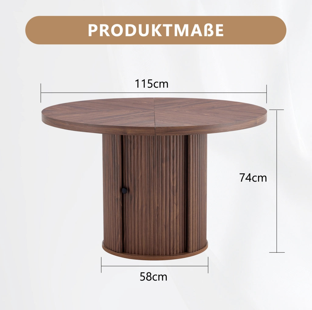 Tavolo rotondo 115x115x74 cm con spazio contenitore in MDF; colore noce