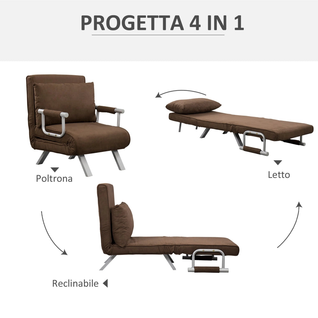 Poltrona Letto Singolo 65x69x80 cm Schienale Reclinabile su 5 Posizioni Marrone