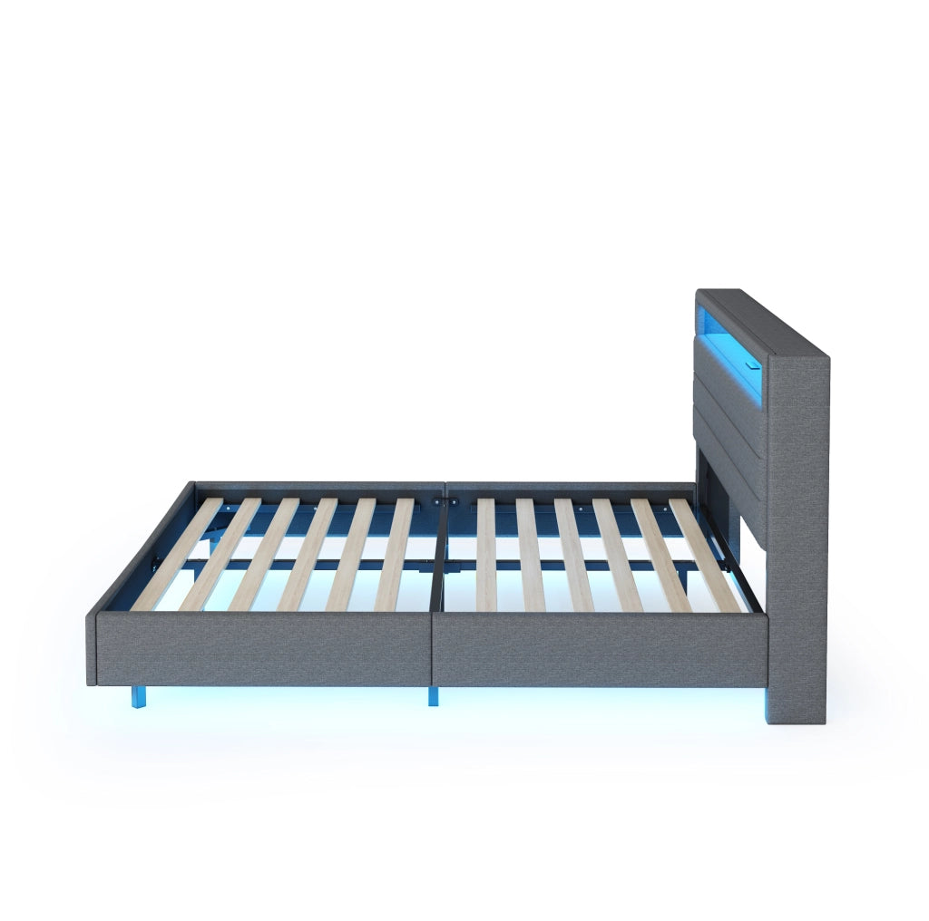 Letto imbottito 140x200 cm grigio in tessuto con USB, LED e testiera reversibile