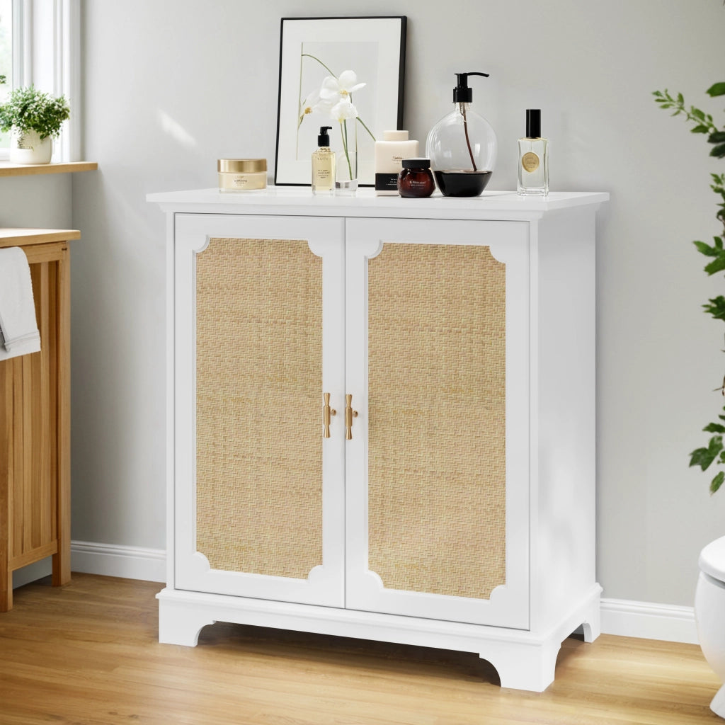 Credenza e madia con 2 ante in rattan, ripiano regolabile, in MDF e truciolare, per cucina e soggiorno, bianco, 80 × 38 × 86 cm