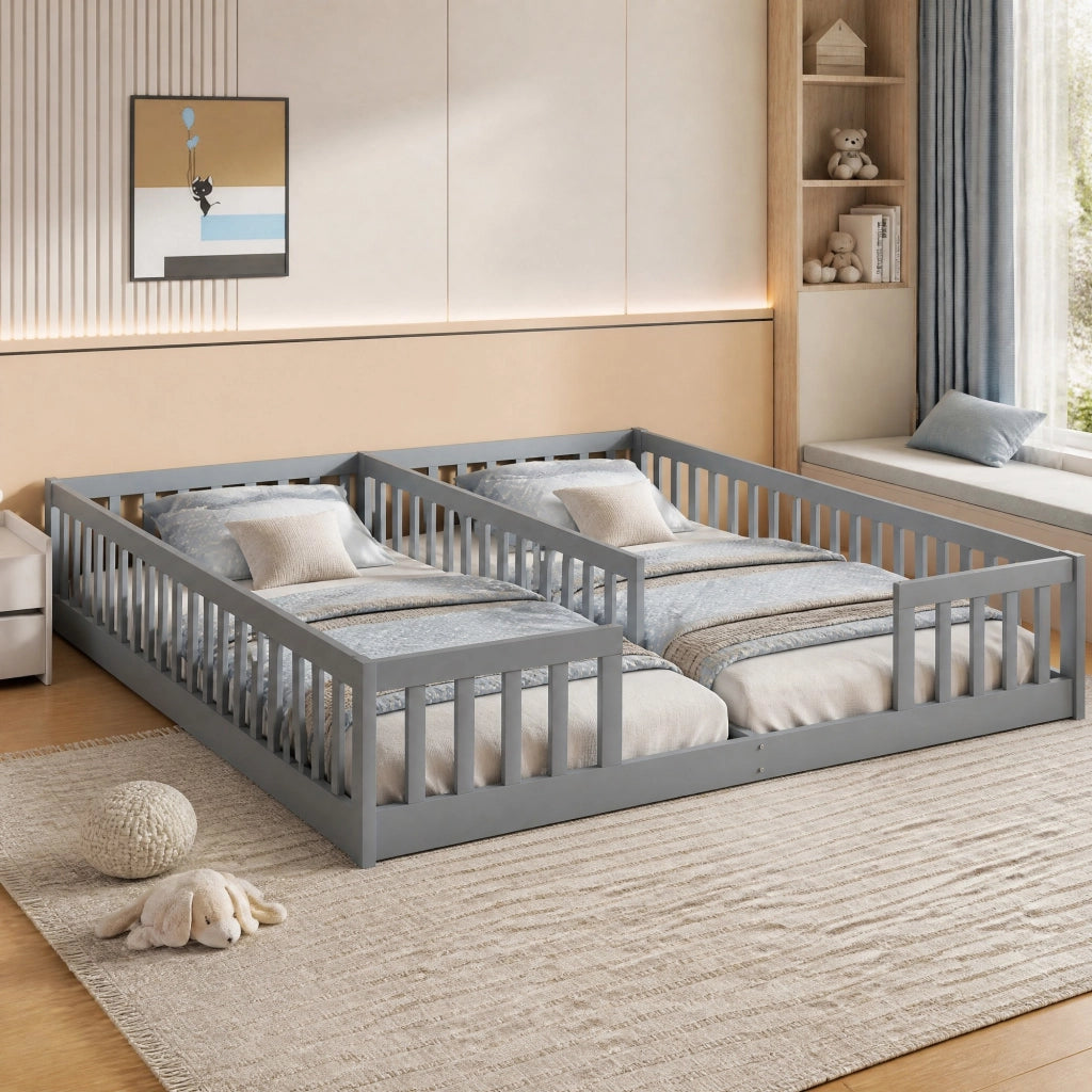 Letto a pavimento per 2 bambini 90 x 200 cm grigio con sponde di sicurezza