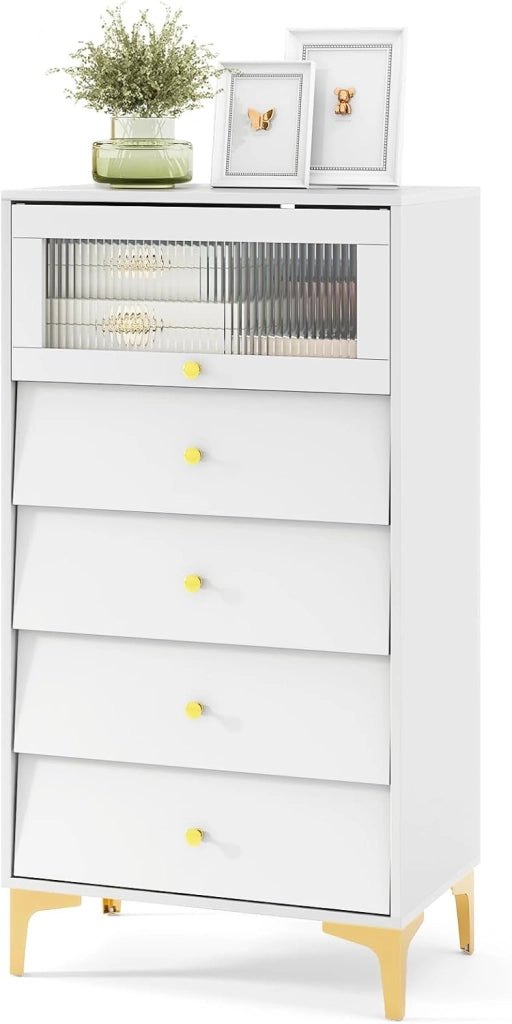 Cassettiera Bianca in Legno, Comò Camera da Letto Moderno con Porta in Vetro e Gambe in Metallo, Mobiletto Cucina con Cassetti Scorrevoli, per Studio, Ingresso, Bianco (Con 4 Cassetti)