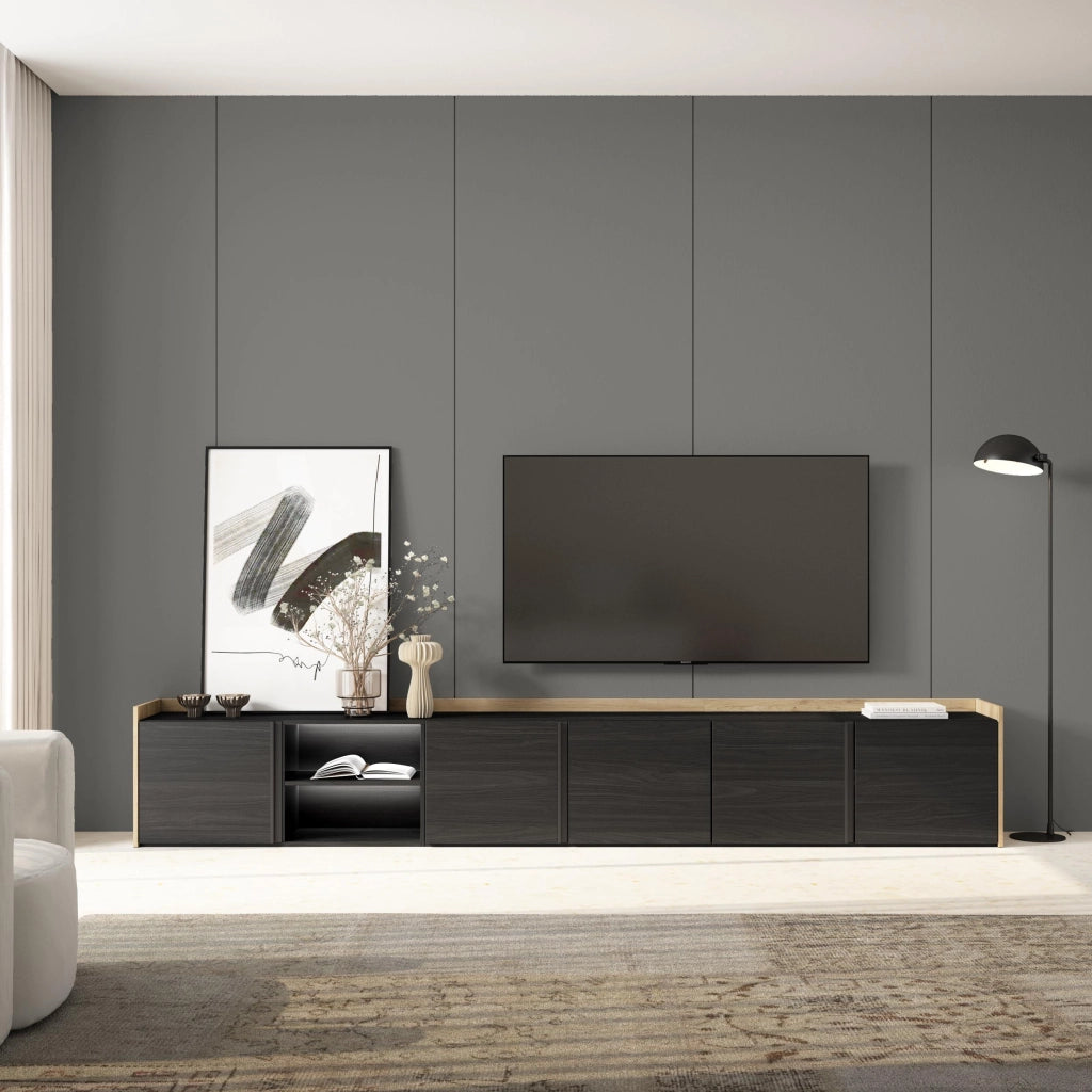 Mobile TV Soggiorno, 309x50x35 cm, Per TV fino a 80", LED, Nero e rovere
