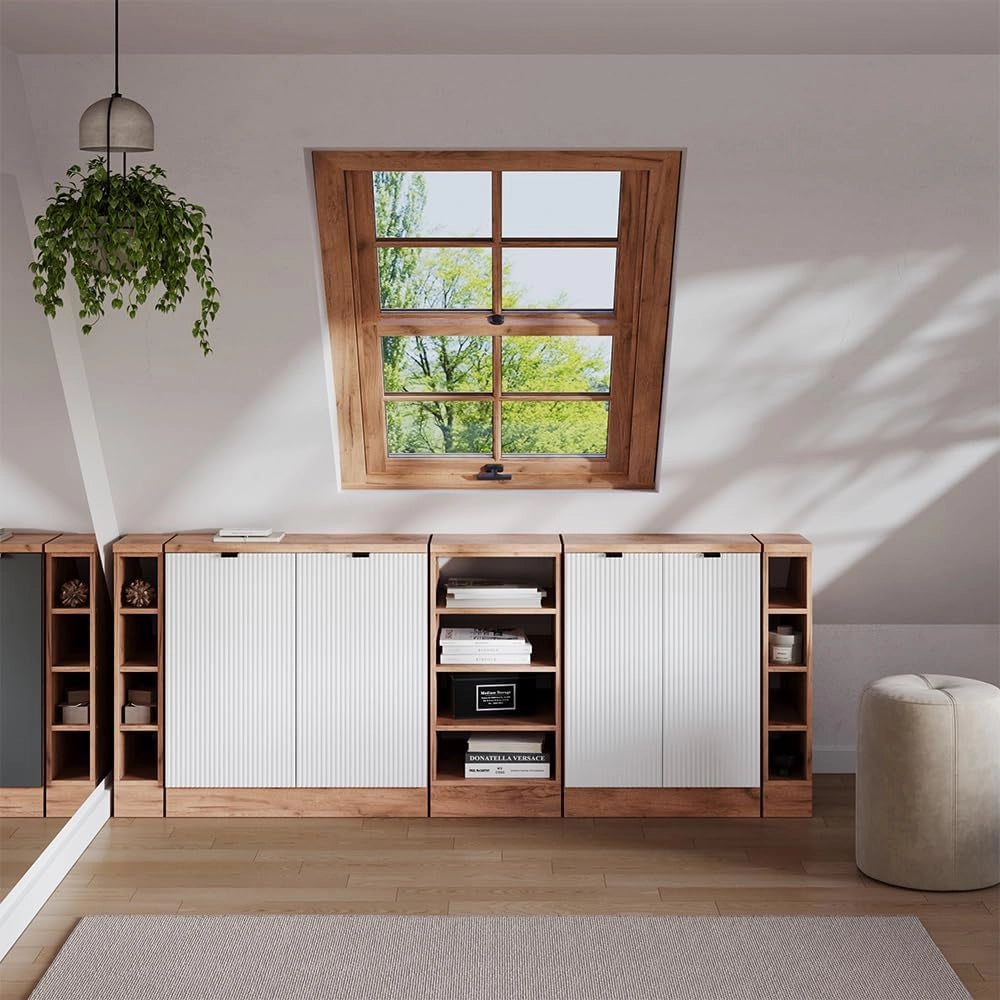 Set di mobili sottotetto Rion, Ondulazione bianca, 210 cm Set di 5 carcasse armadio profondità 60 cm, adatto per il salvaspazio sotto tetti spioventi