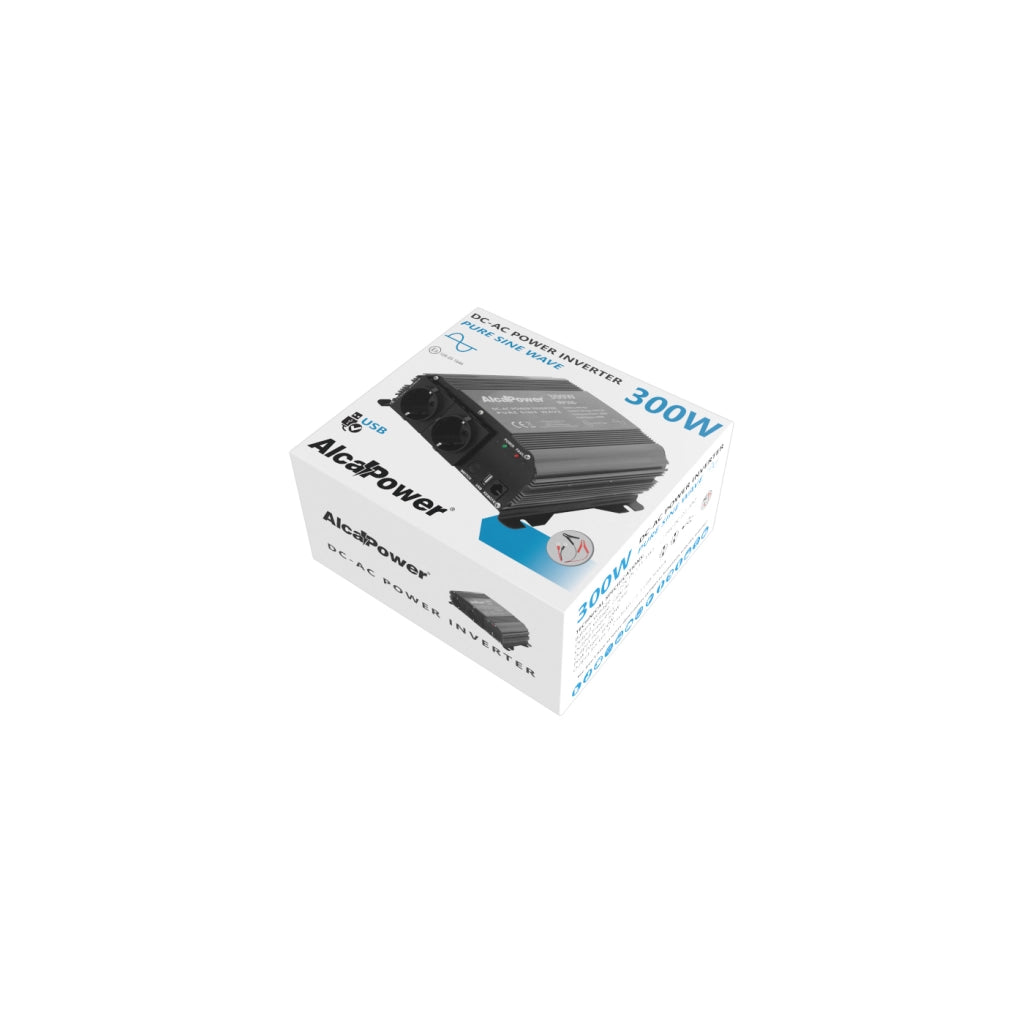 Alcapower Inverter Onda Sinusoidale Pura 300W, Ingresso 24V DC, Uscita 230V AC, 2 Prese Schuko, Porta USB 5V 500mA, Protezioni integrate, 600W Spunto