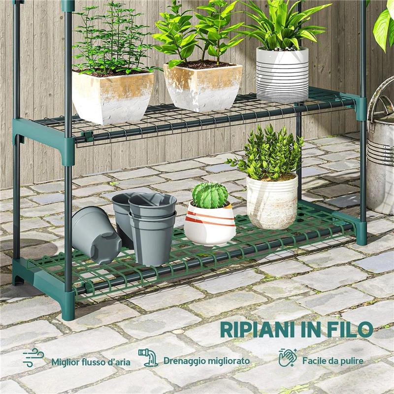 SET DI 2 SCAFFALI PER PIANTE A 4 LIVELLI IN ACCIAIO CON GANCI, 90X28X104 CM, VERDE