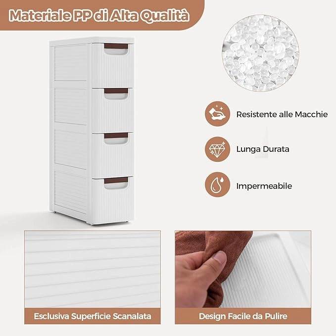Mobile Bagno con 4 Cassetti, Mobiletto Bagno Salvaspazio con Ruote, Cassettiera in PP per Soggiorno, Bagno e Cucina, 42 x 19 x 74 cm