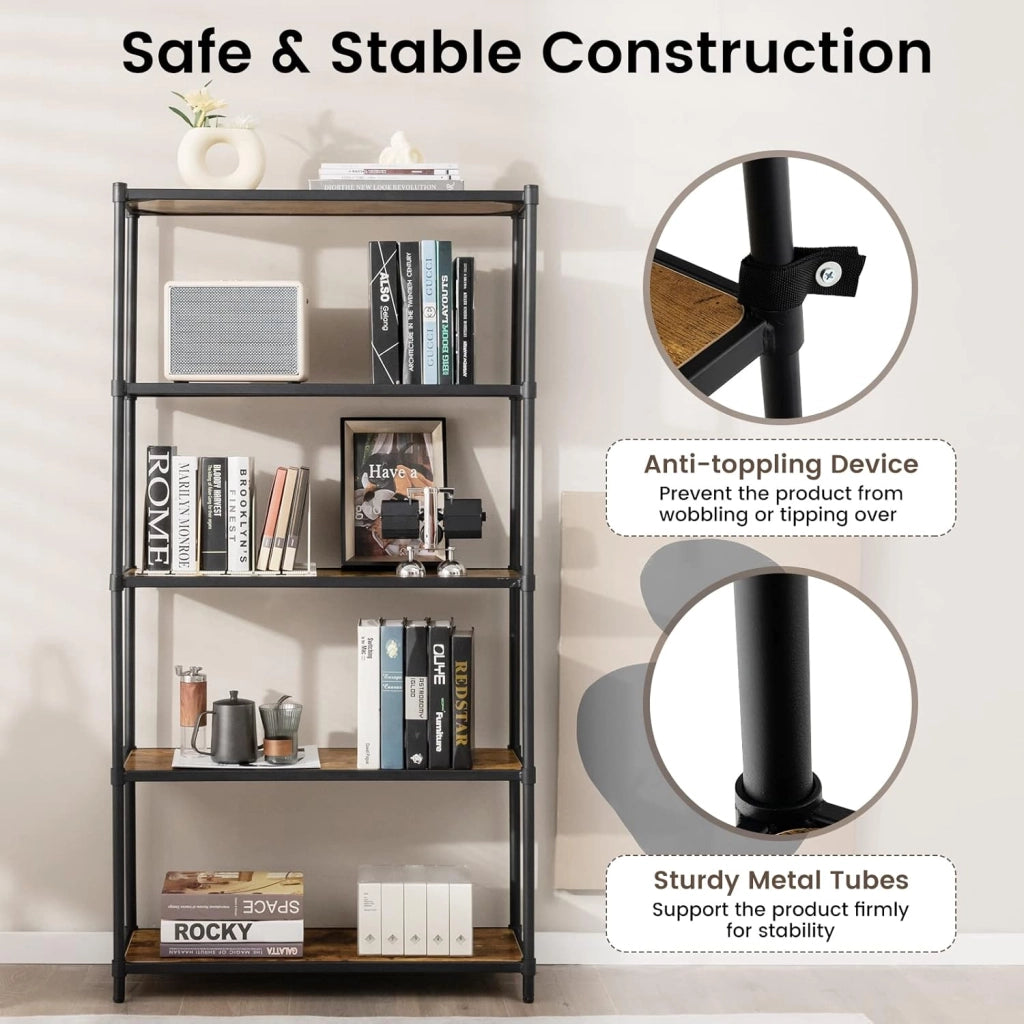 GIANTEX Scaffale a 5 Ripiani Stile Industriale, Libreria con Struttura in Acciaio Marrone Vintage e Nero, 80x29,5x154cm
