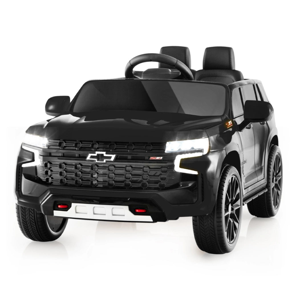 SUV elettrica 12V per bambini con telecomando 2,4G sospensione a molla luci e musica, Chevrolet auto elettrica Nero-Macchinine giocattoli