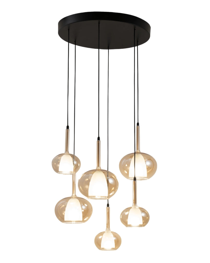 Lampada a Sospensione Edolo Ø530mm in metallo e vetro borosilicato Ambra, attacco E27+E14 6x40W, Classe 1, IP20, Design Moderno - Edolo