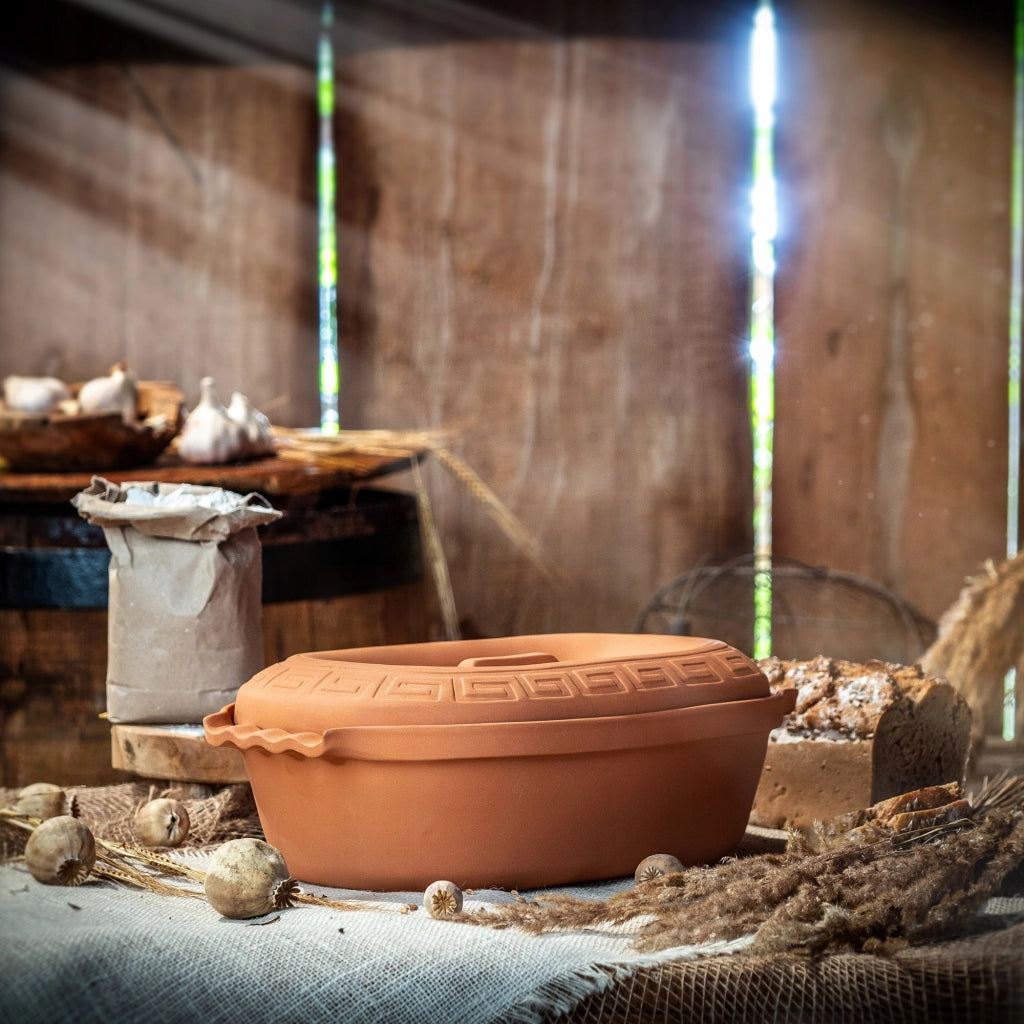 Vaso in terracotta KADAX Roman Clay Pot 5 L, forma ovale grande con coperchio.