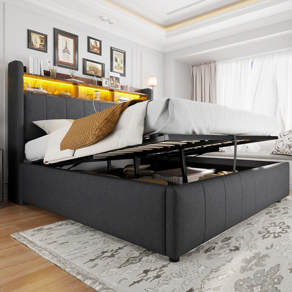 Letti contenitori 160x200 cm con LED regolabili; contenitore idraulico; tessuto di lino grigio