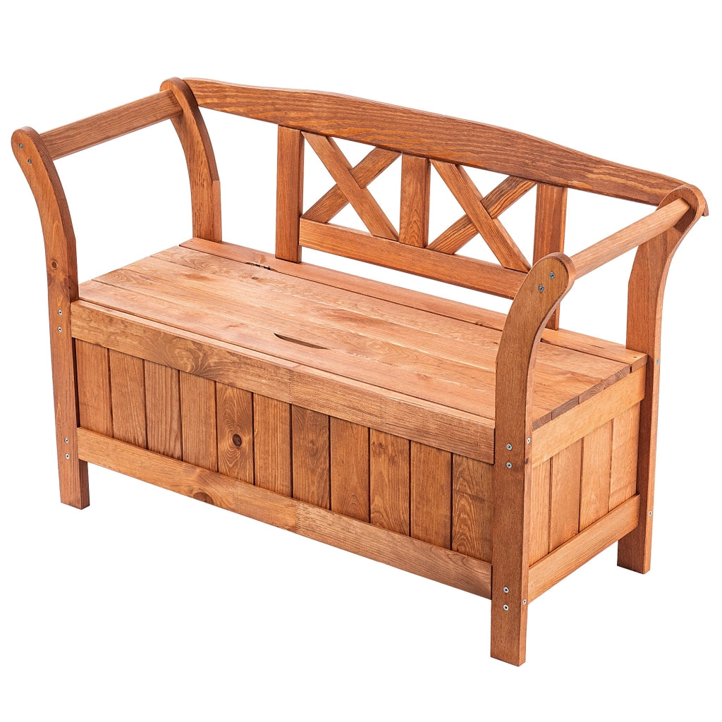 Panchina da giardino in legno KADAX con schienale, 119 cm, per terrazzo, con contenitore in rovere