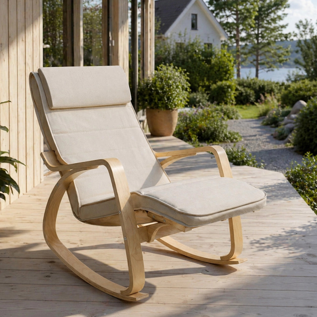 Poltrona A Dondolo Reclinabile In Legno E Acciaio Con Poggiapiedi Regolabile 5 Posizioni Seduta Imbottita 121.5 x 55 x 84 Cm Beige