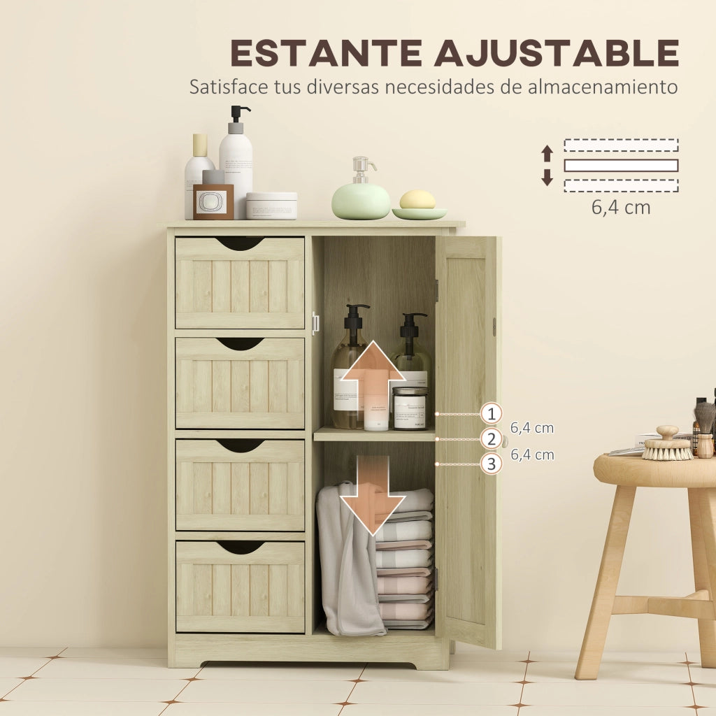 Armadietto Bagno Stretto con 4 Cassetti e Ripiano Aggiustabile ¨C Minimal ¨C 56x30x83 cm Legno Naturale