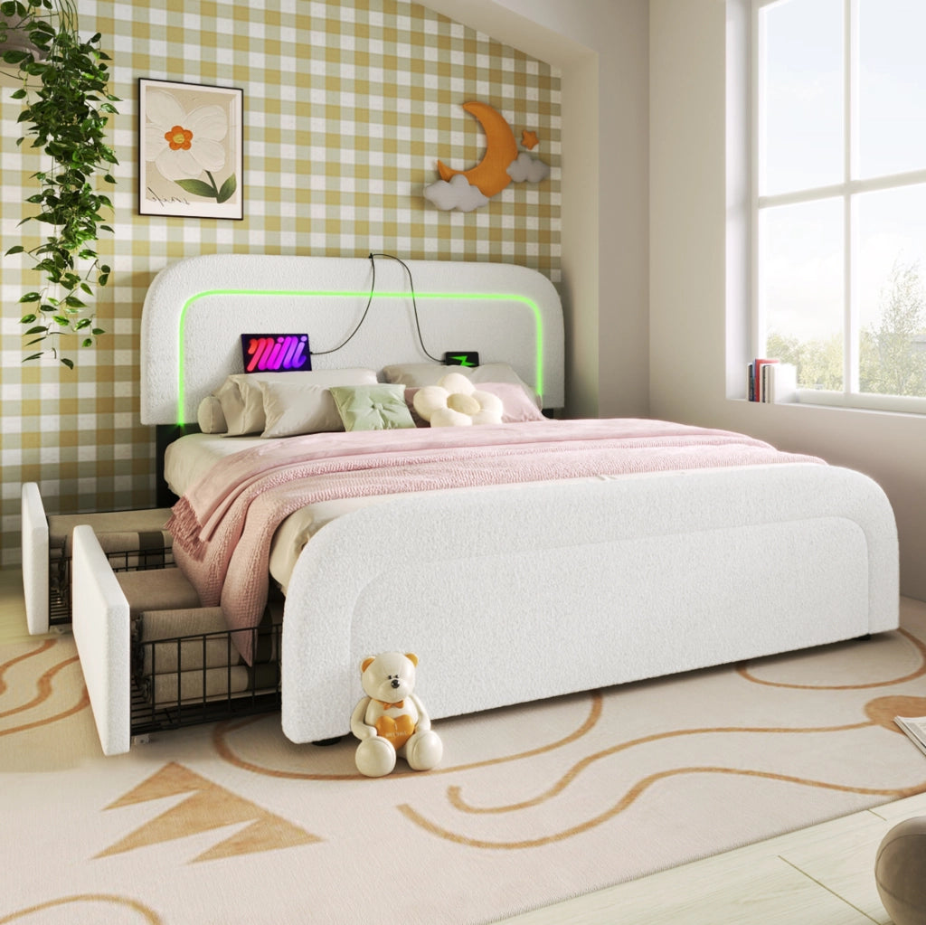 Letto imbottito 140x200 cm in Sherpa bianco con USB Type-C; LED e 4 cassetti
