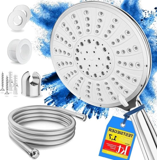 Douchetta per wellness - grande (Ø15cm) con 5 tipi di getto - testa da doccia per doccia e vasca - comprensivo di tubo e supporto - Set di lusso per doccia con filtro