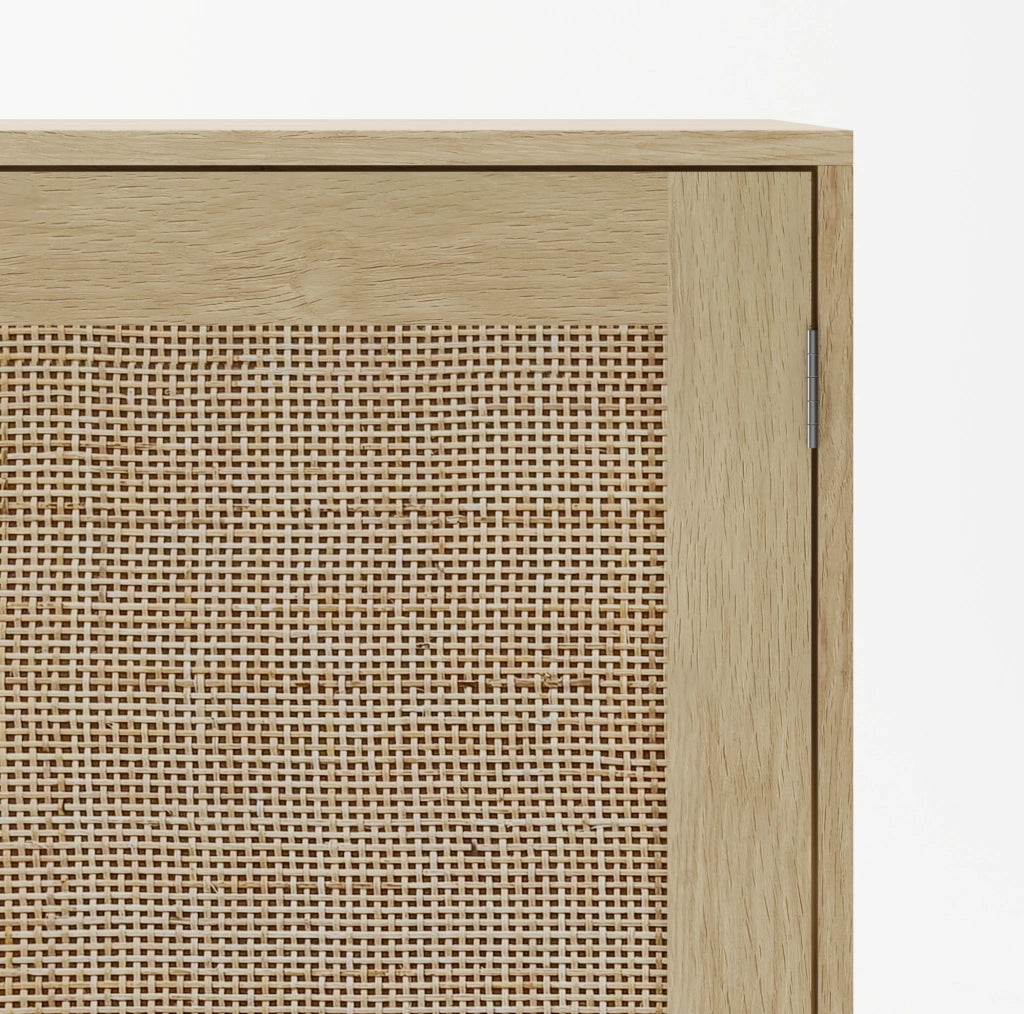 Armadio contenitore a due ante in rattan con maniglie in legno massiccio