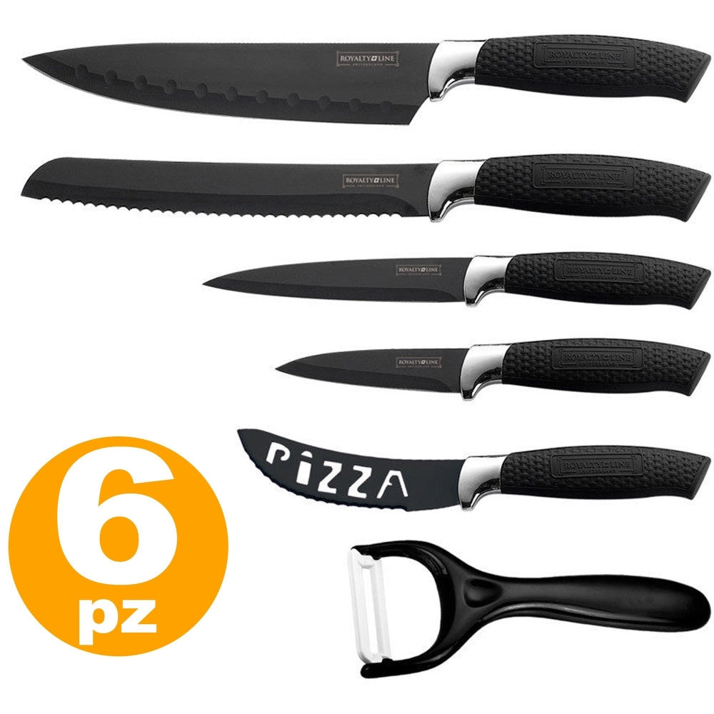 Trade Shop - Set 6 Coltelli Ceramica Acciaio Da Cucina - Neri Royalty Line Antiaderente -