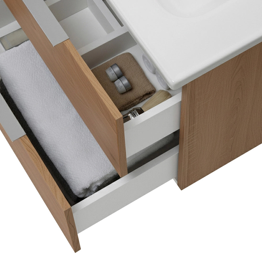 Mobile bagno sospeso 60cm rovere con cassetti lavabo e specchio Elva