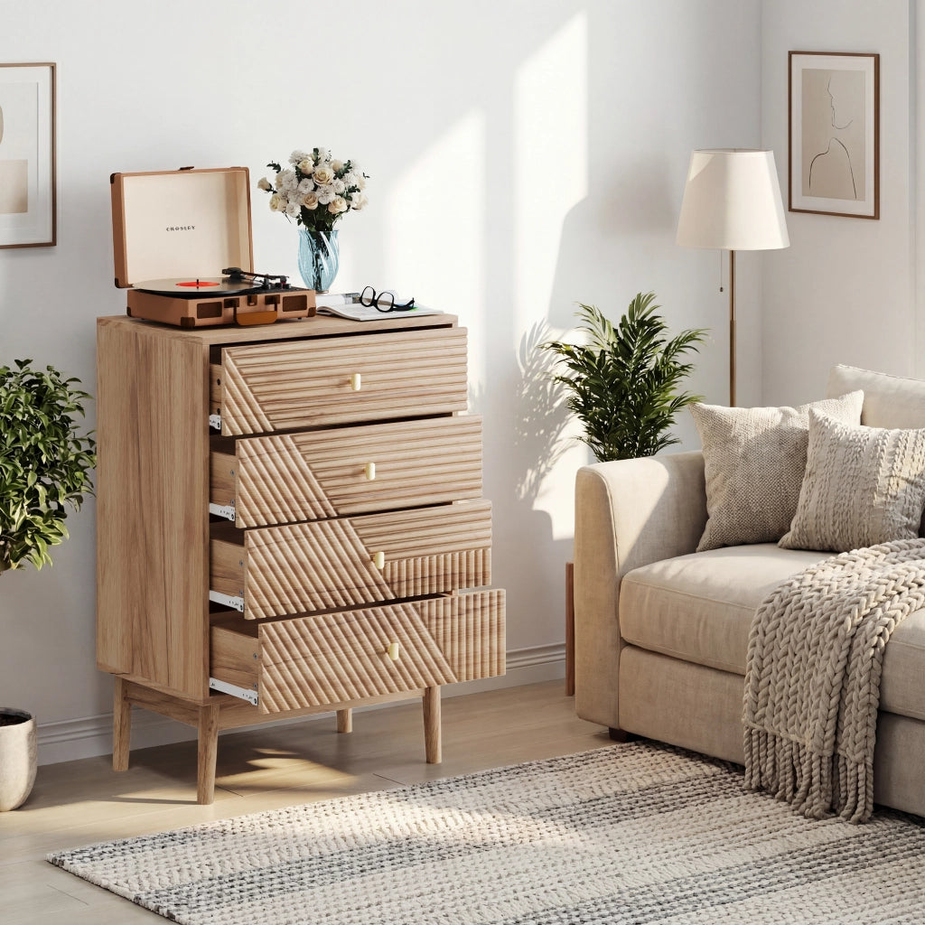 Comodino cassettiera a 4 cassetti in effetto rovere, mobile moderno multiuso per soggiorno e camera da letto