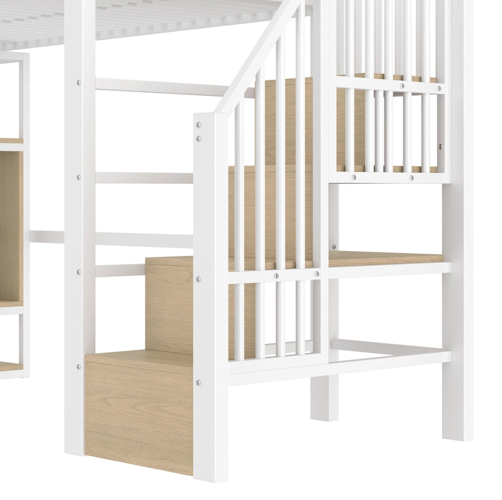 Letto a soppalco 90x200 cm in metallo e MDF con LED; scala con contenitore; bianco