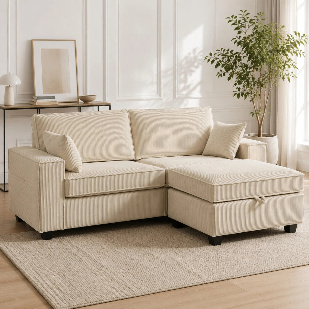 Divano angolare 3 posti in velluto a coste con pouf contenitore beige