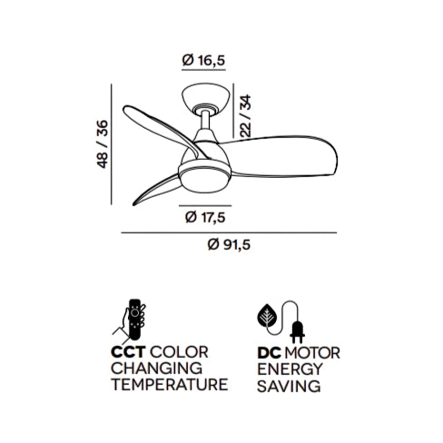 Ventilatore da Soffitto con luce Perenz 7192 B CT Bianco - Ø 91,5 cm, 3 Pale, 6 Velocità, Motore DC 35W, Silenzioso