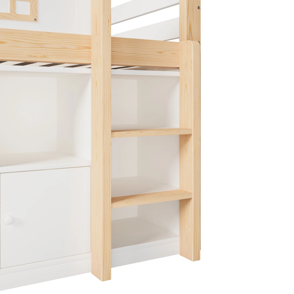 Letto a soppalco 90 × 200 cm con lavagna, ripiani e scala, senza materasso, bianco e naturale