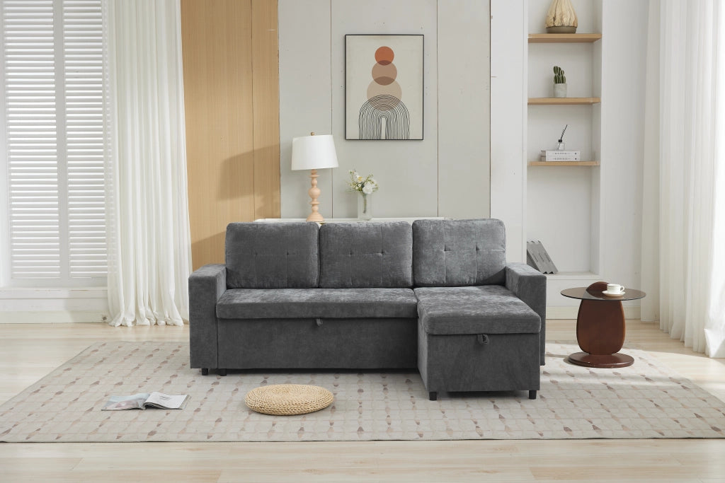 Divano angolare con contenitore e chaise longue reversibile con ripiani in chenille grigio 202 × 136 × 85 cm
