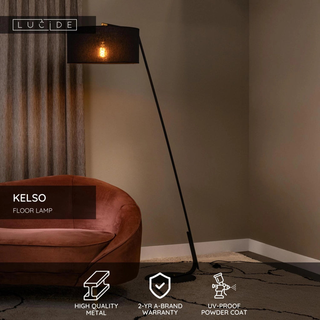 Lampada da terra KELSO nera in lino 1xE27 Lucide