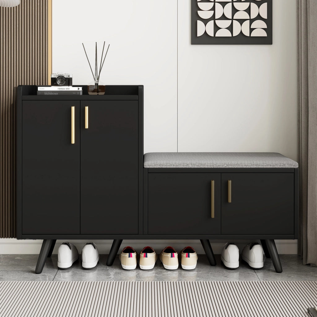 Scarpiera con seduta imbottita 120x34x82 cm in truciolare e metallo; nero e noce scuro