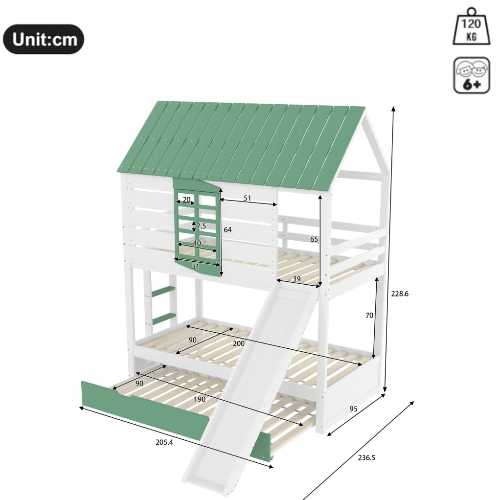 Letto a castello a casetta 90x200 cm con scivolo e letto estraibile; bianco e verde