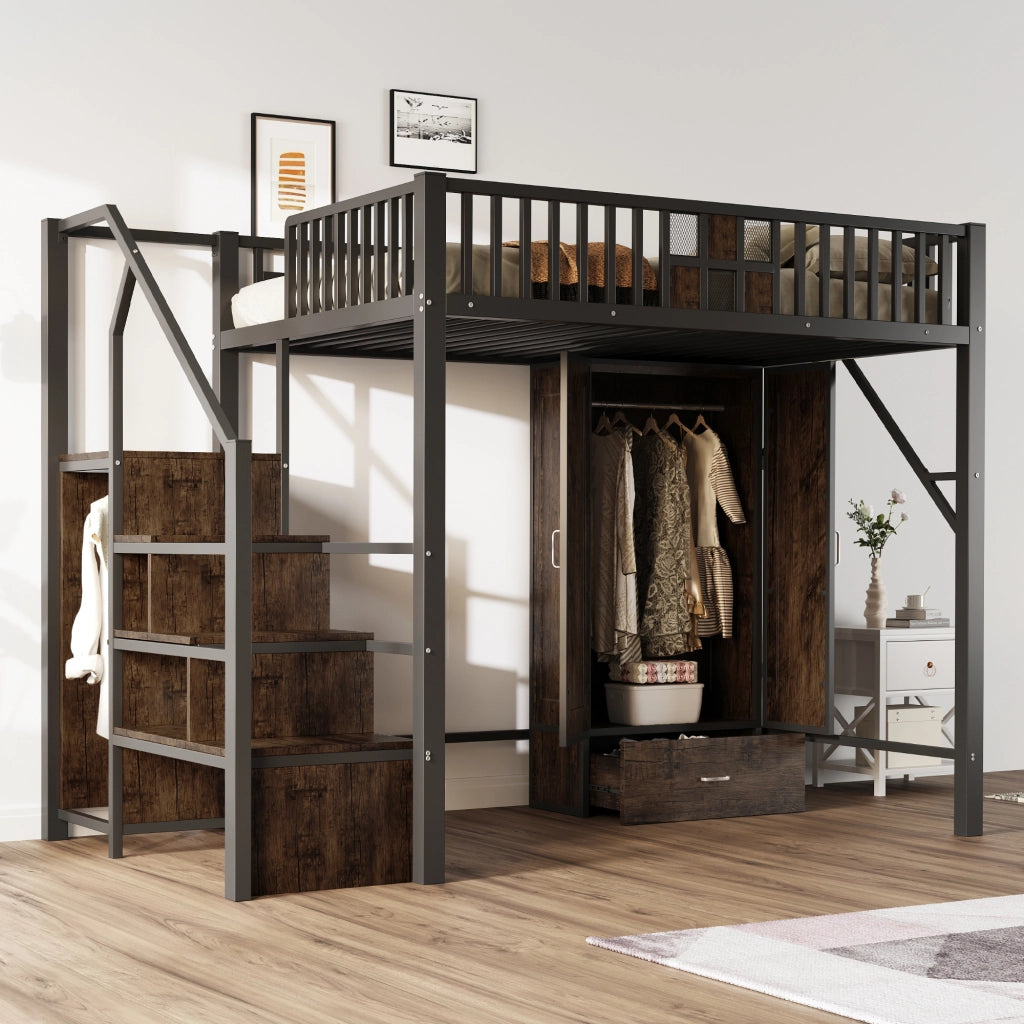 Letto a castello nero in metallo e legno con funzione contenitiva 140x200 cm