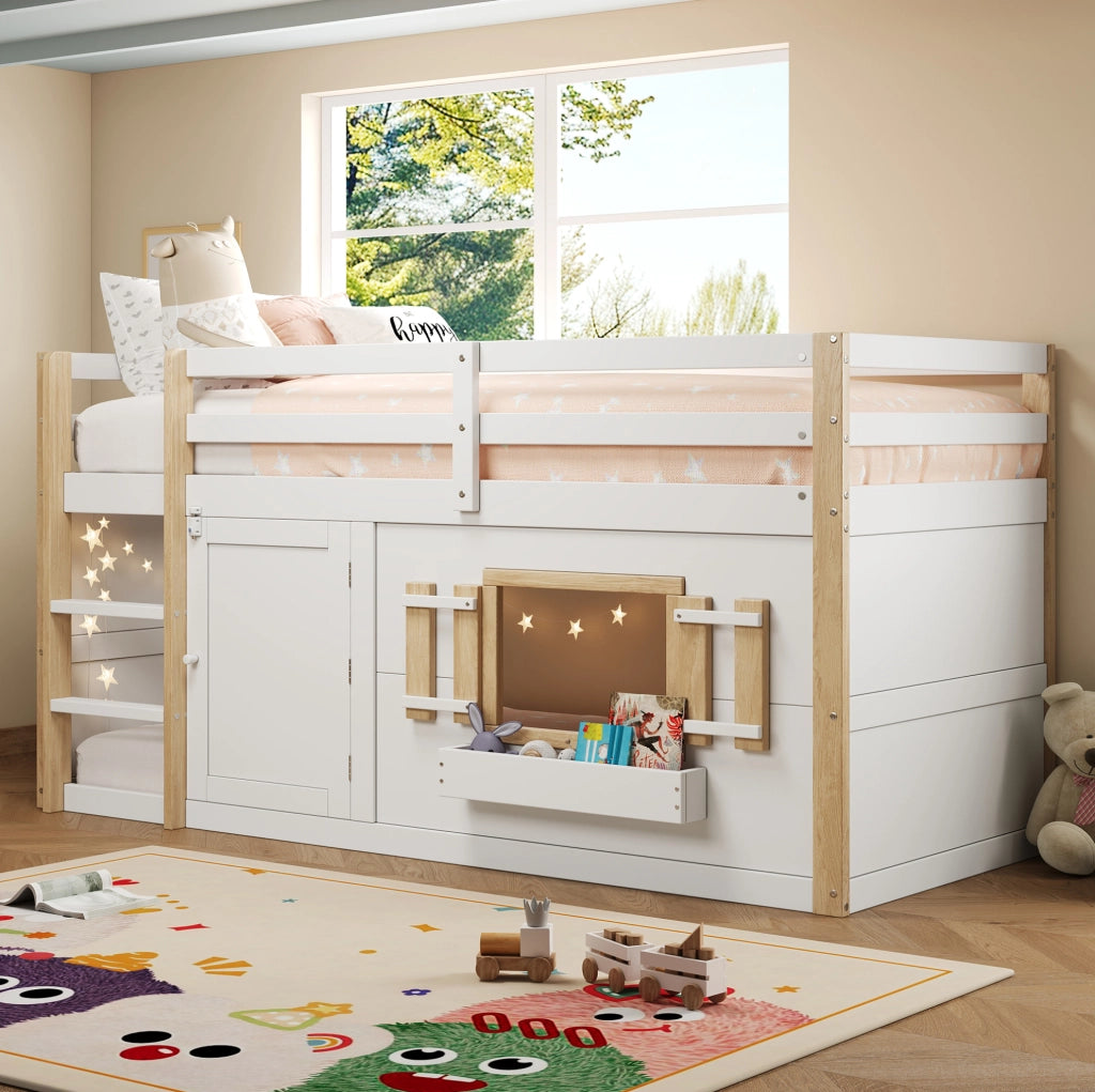Letto a castello per bambini 90x200 cm in legno massiccio e MDF; bianco; con rete a doghe