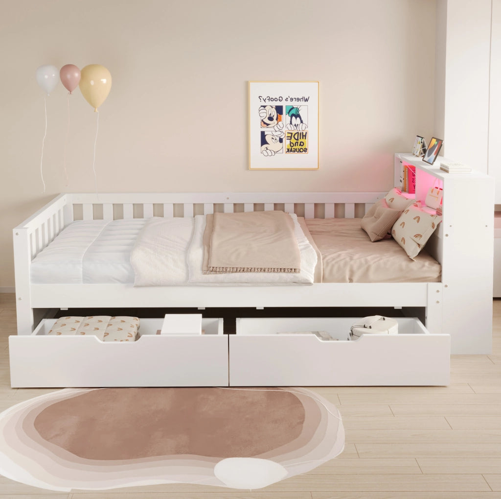 Letto singolo multifunzione 90x200 cm con divano L; LED; prese e contenitore; bianco