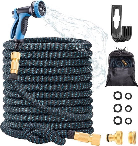Serpentino per giardino 30 metro Set di tubi flessibili - Raccordo smontabile - Connettori in ottone - 10 modalità di connessione - Irrigazione, autolavaggio e animali domestici - Blu e nero Serpentino per giardino 30 metro
