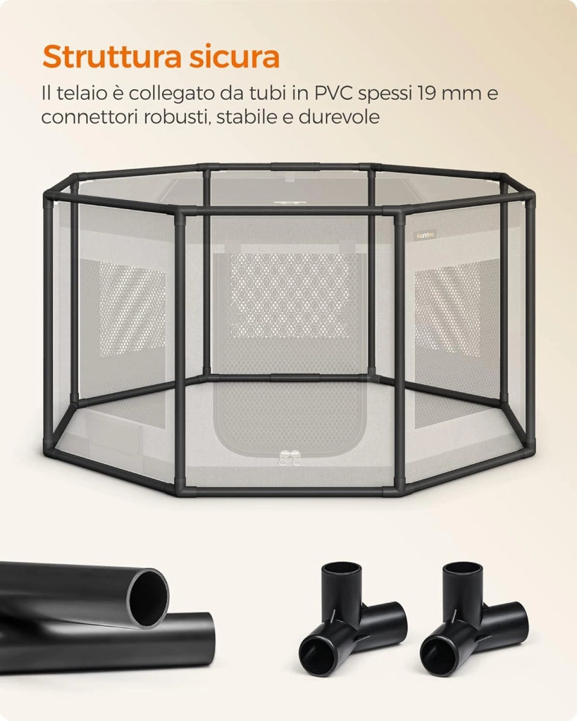 Feandrea Recinto per Cani di Tessuto Oxford, Recinto per Animali Ottagono, L, 112 x 112 x 62 cm, Telaio di Tubi in PVC, Rete Respirante, Tasca Portaoggetti, Grigio Scuro e Grigio Chiaro PDC003G01