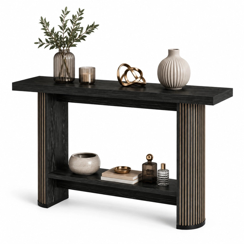 Tavolo consolle salvaspazio in legno nero dal design moderno