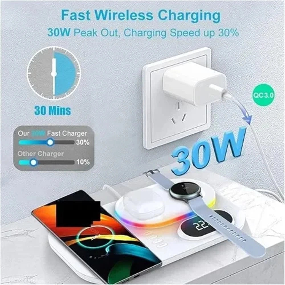Trade Shop - Stazione Di Ricarica Wireless 4in1 Multifunzione 30w Per Smartphone Airpods Smartwatch A06 -